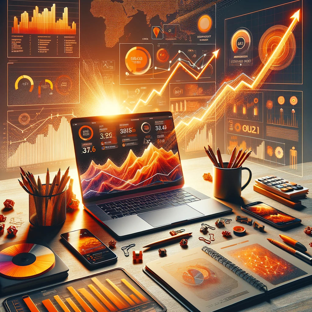 Dynamic workspace with orange and mahogany hues, symbolizing growth and stability in digital entrepreneurship, featuring analytics on a computer screen and strategic plans.