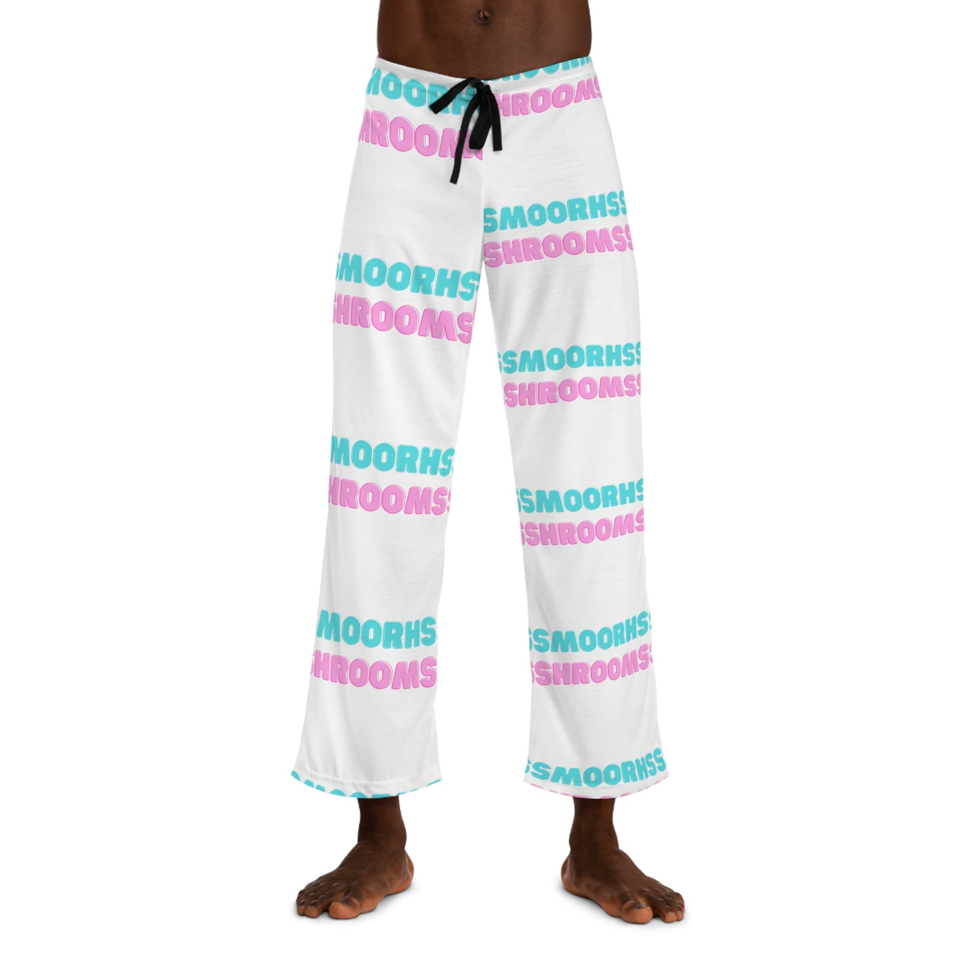 S'moorhs Shroom's personalized pajama pants: luxurious 100% polyester jersey knit fabric for silky smooth comfort, relaxed fit with back elastic and adjustable black drawstring tie, all-over S'moorhs Shroom's print for mushroom-inspired indulgence, white seam