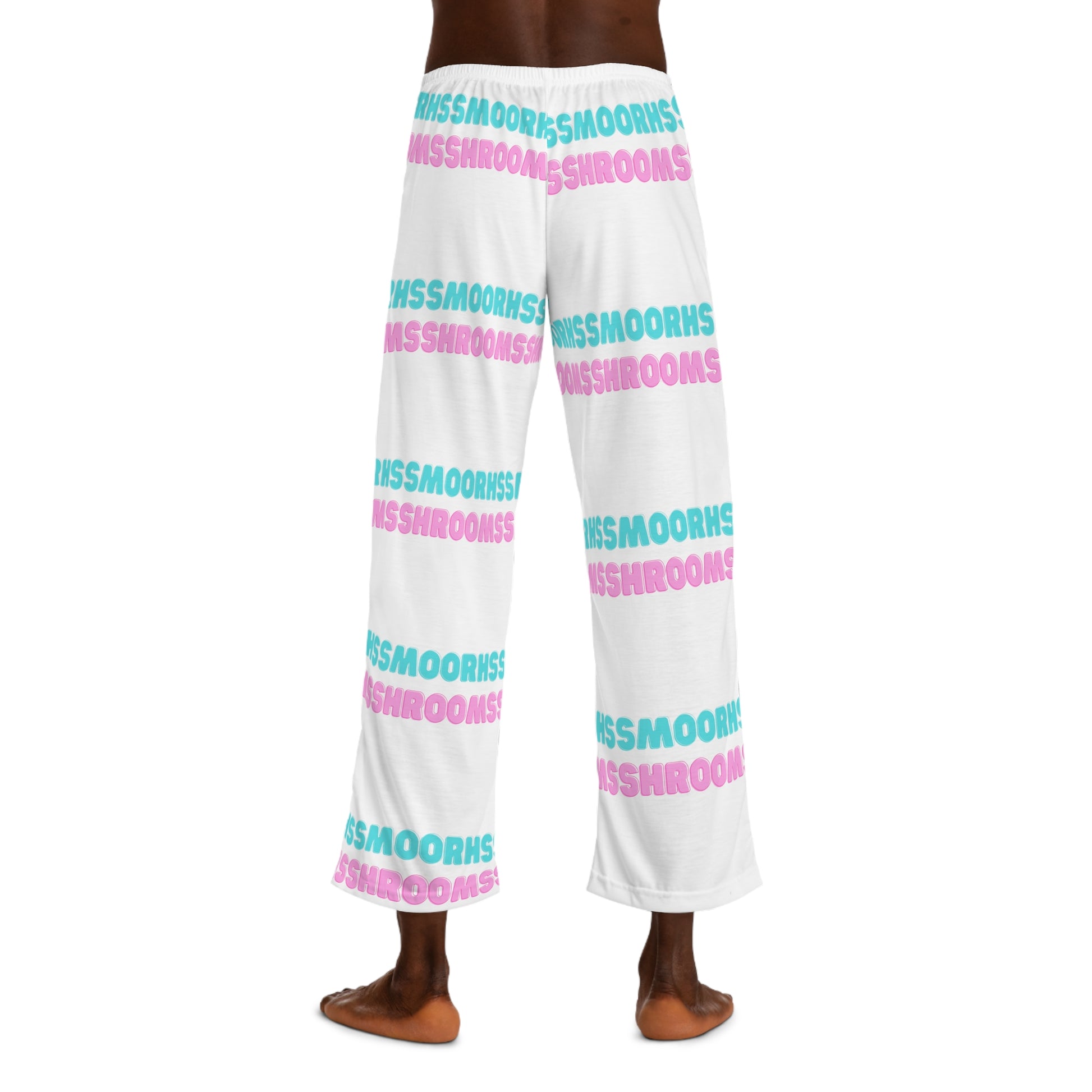 S'moorhs Shroom's personalized pajama pants: luxurious 100% polyester jersey knit fabric for silky smooth comfort, relaxed fit with back elastic and adjustable black drawstring tie, all-over S'moorhs Shroom's print for mushroom-inspired indulgence, white seam 