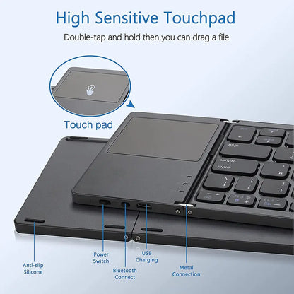 Portable Mini Three Folding Bluetooth Keyboard with Wireless Foldable Touchpad Keypad